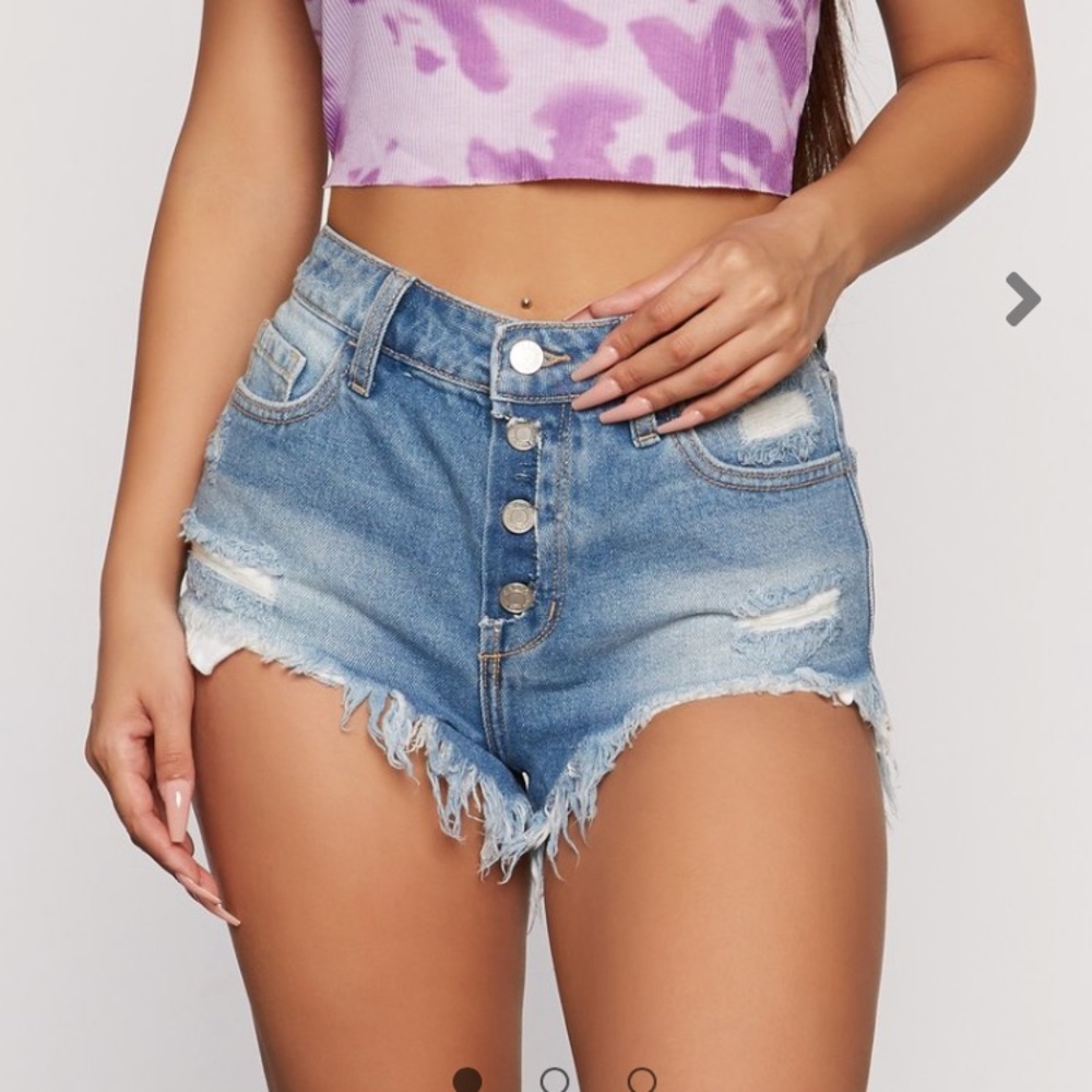 High waist button fly distressed denim shorts